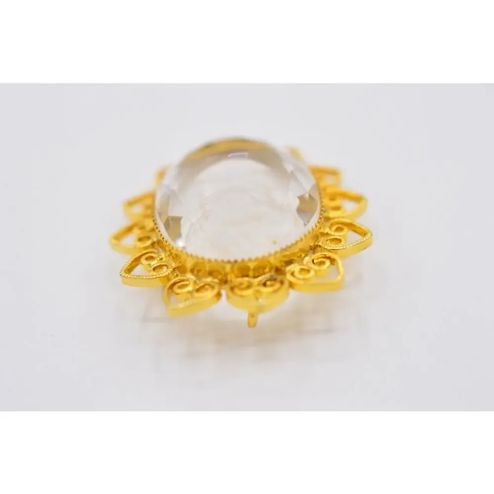 Vintage Cameo Pin Brooch Framed Glass Crystal Clear Oval Gold Tone 1980s 9B